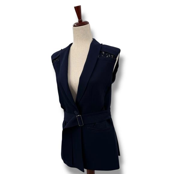 Rebecca Taylor Navy Blue Vest Size 0 XS Lace Trim Belted Suiting Sleeveless - Picture 3 of 14